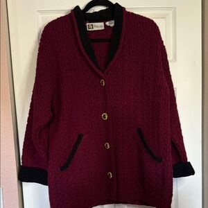 Vintage Pallas Hand Loomed Irish Wool Burgundy Cardigan with Black Accents